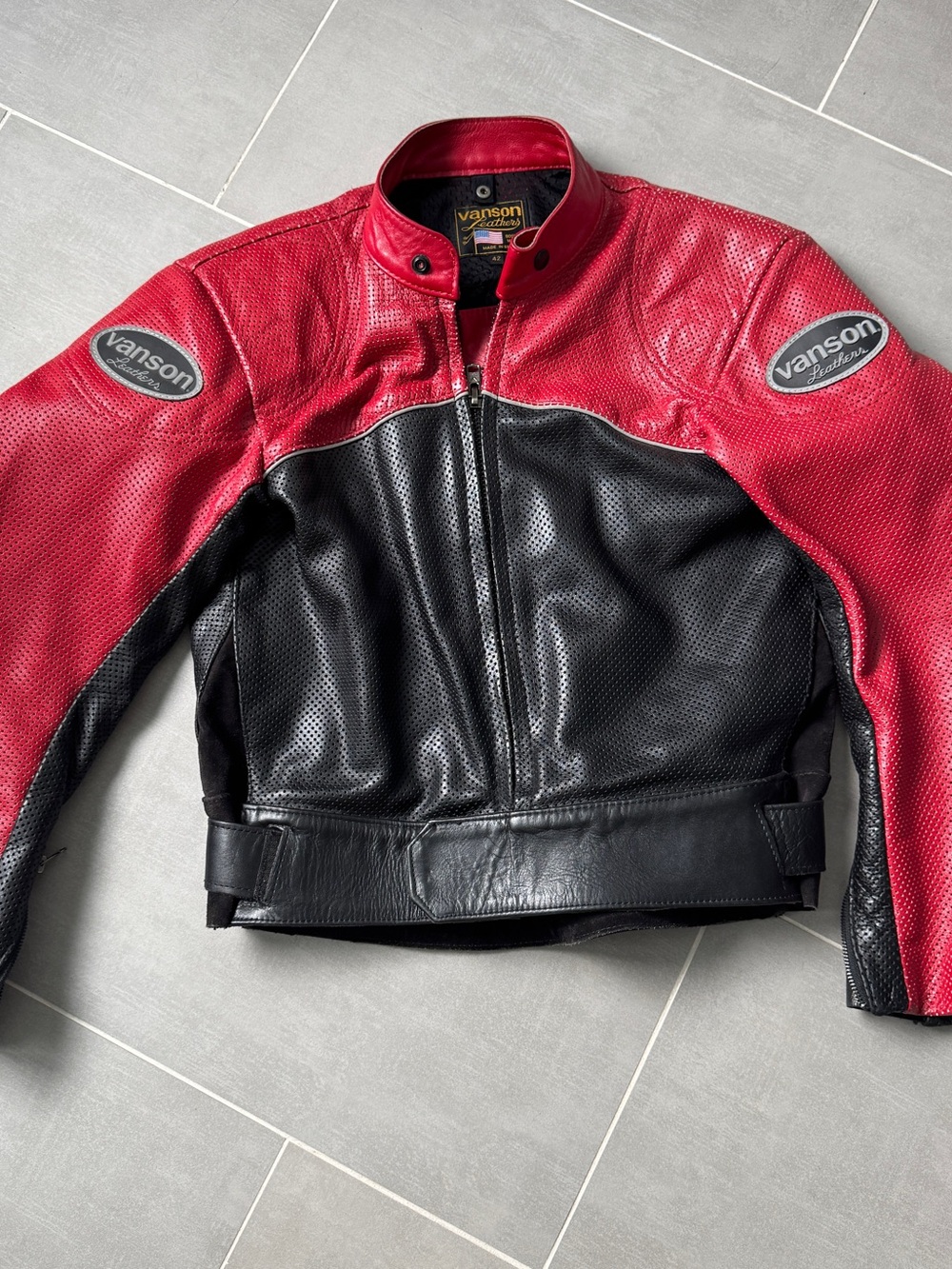 Vanson Red & Black Perforated Leather Motorcycle Jacket
